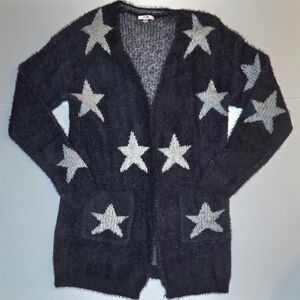 Fuzzy Star-Pattern Open Cardigan Sweater - Black & white